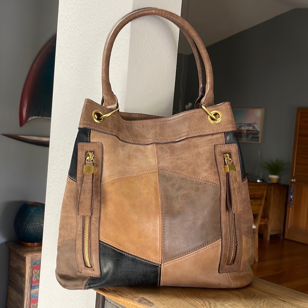 Brown Patchwork Tote Shoulder Bag - image 1